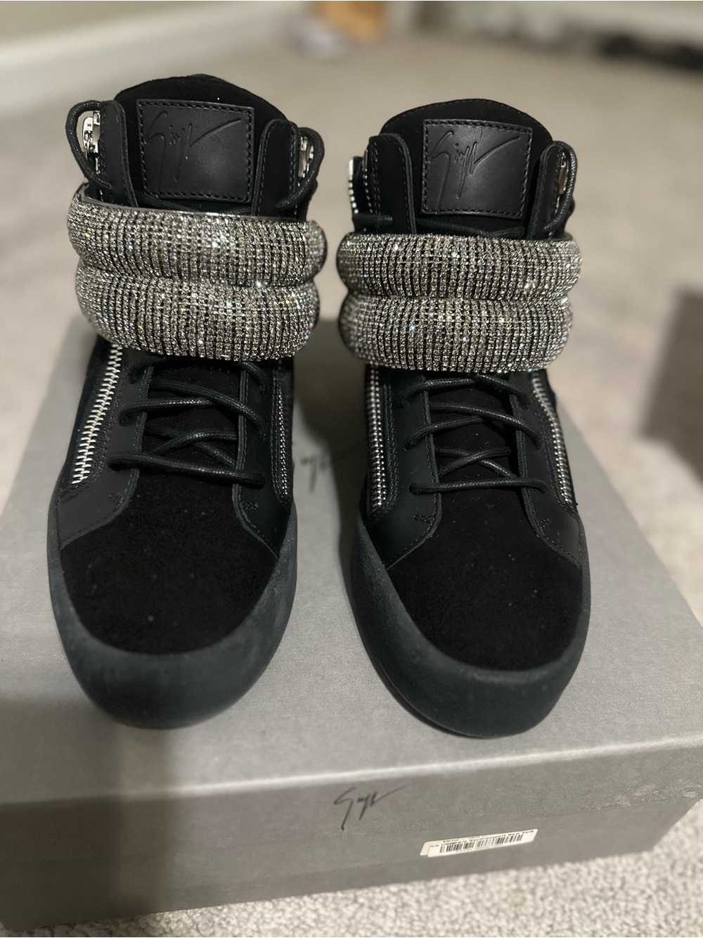 Giuseppe Zanotti Black High-Top Sneakers with Crystal Cuff Detail